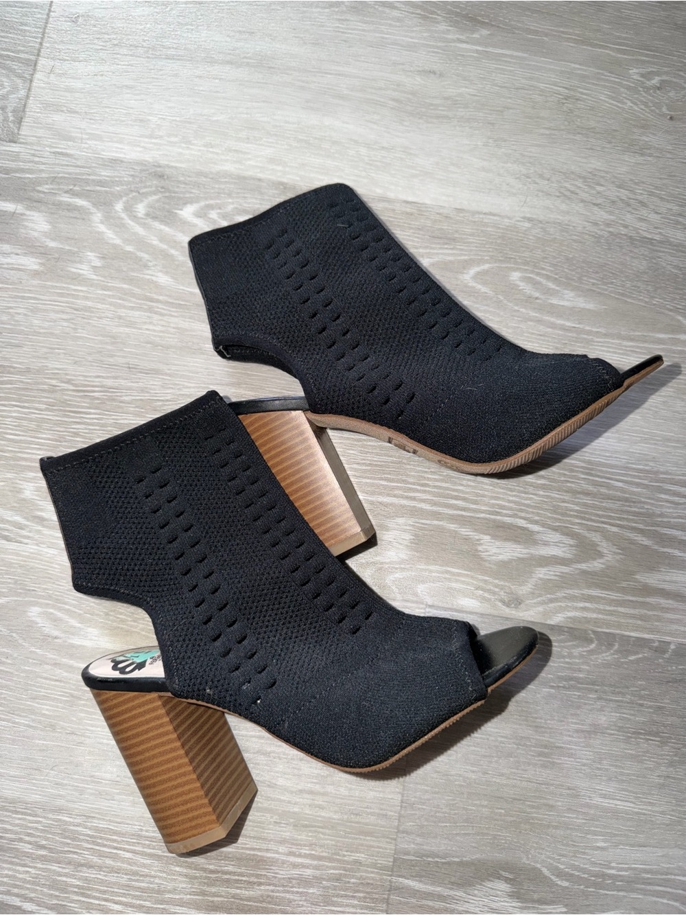 Black Open-Toe Knit Block Heel Ankle Booties